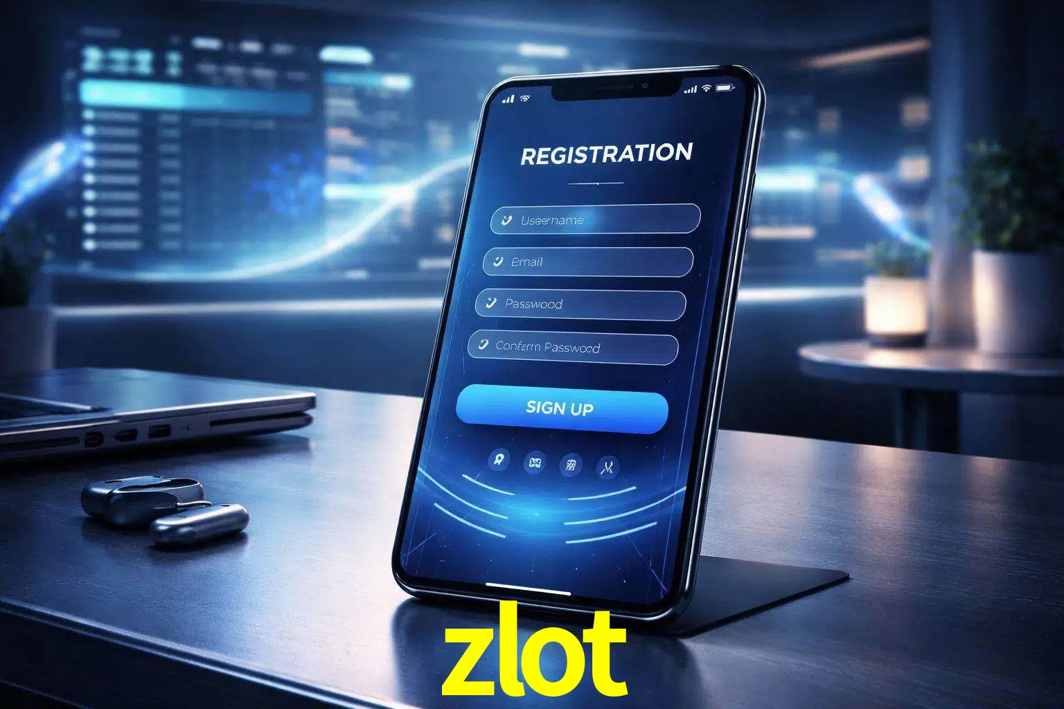 Una interfaz moderna de registro móvil para zlot mostrada en un smartphone con un panel de apuestas elegante.